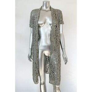 Eileen Fisher Knit Duster Cardigan Sz Small Sage Green Luster Long Open Crochet